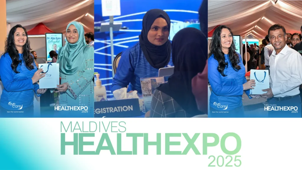 First Lady and Health Minister of Maldives interacting with the EyeCare team during their visit to the EyeCare stall at the Maldives Health Expo 2025.