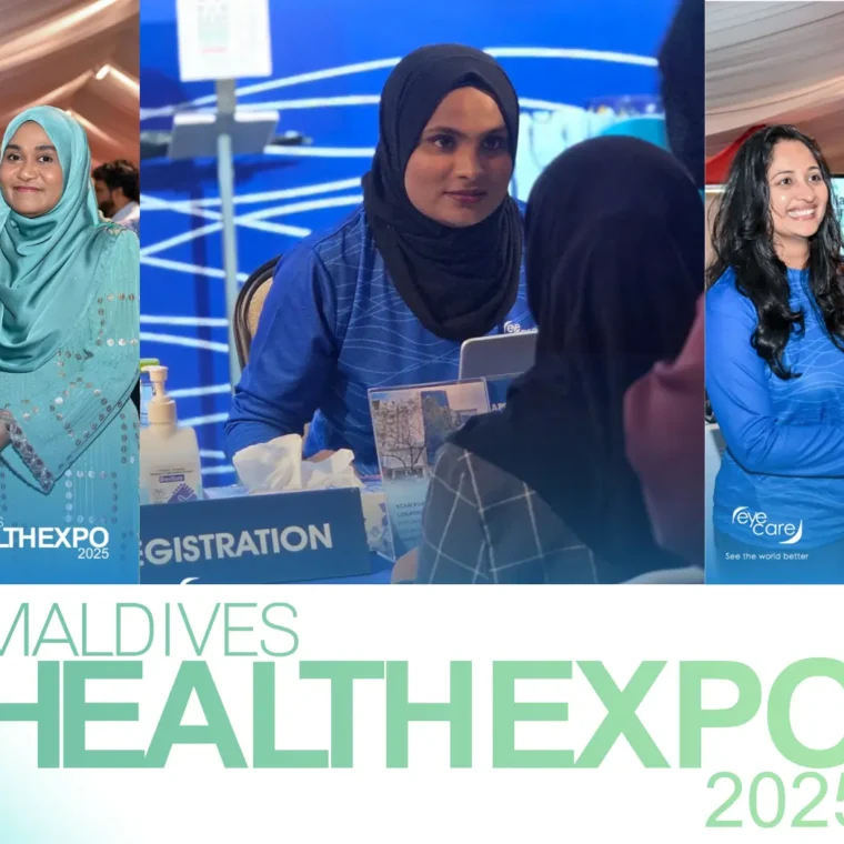 First Lady and Health Minister of Maldives interacting with the EyeCare team during their visit to the EyeCare stall at the Maldives Health Expo 2025.