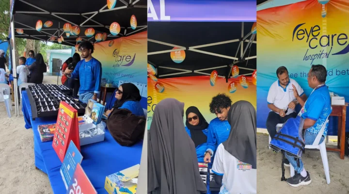 EyeCare Hospital team providing free vision screening to children and families at Avatteri Beach Fest 2025 in Villimale, Maldives