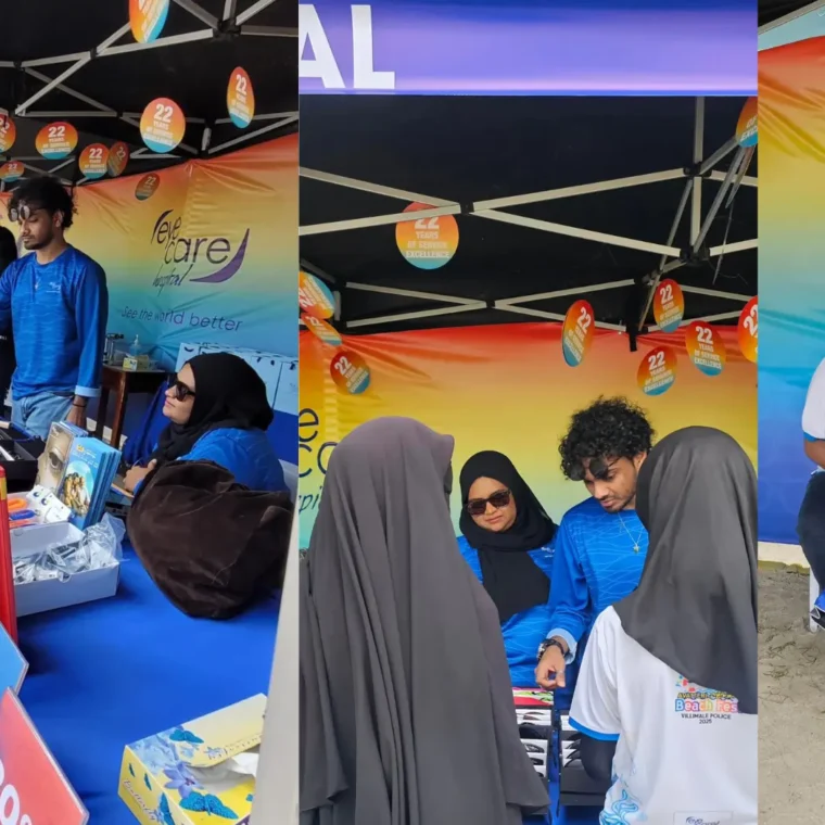 EyeCare Hospital team providing free vision screening to children and families at Avatteri Beach Fest 2025 in Villimale, Maldives