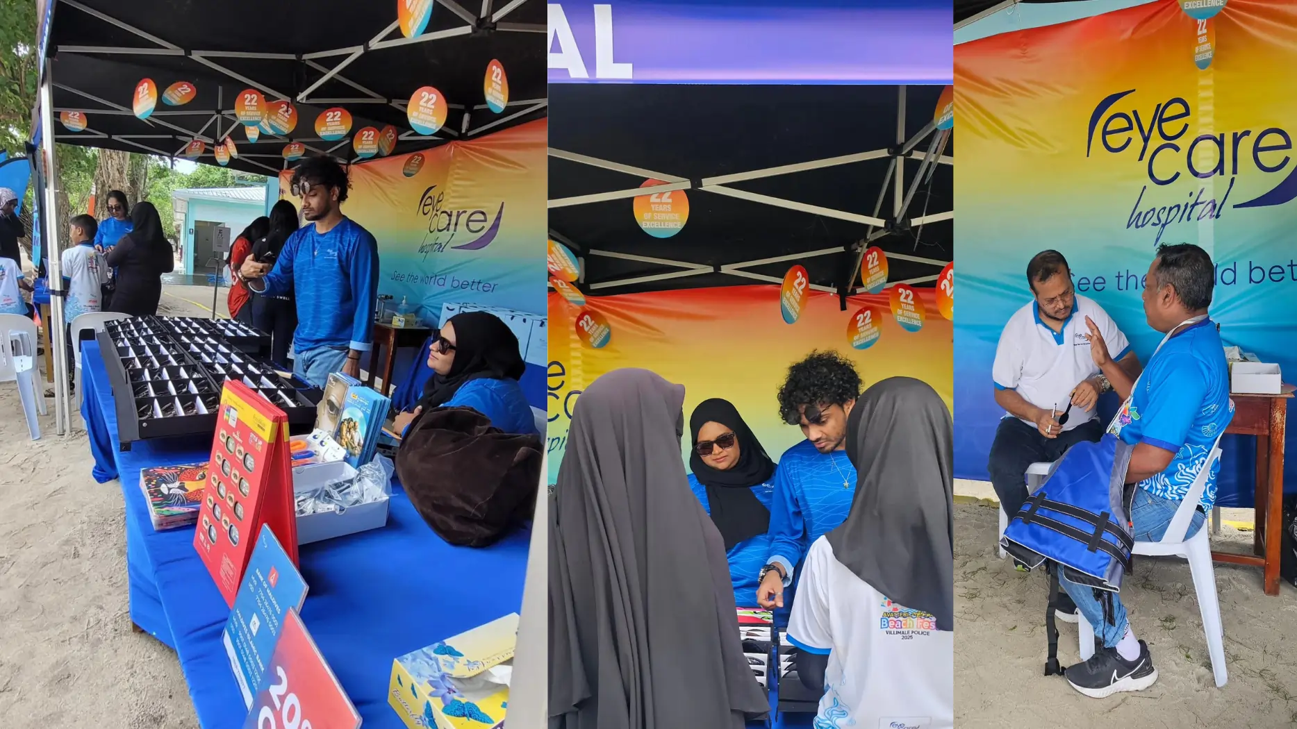 EyeCare Hospital team providing free vision screening to children and families at Avatteri Beach Fest 2025 in Villimale, Maldives